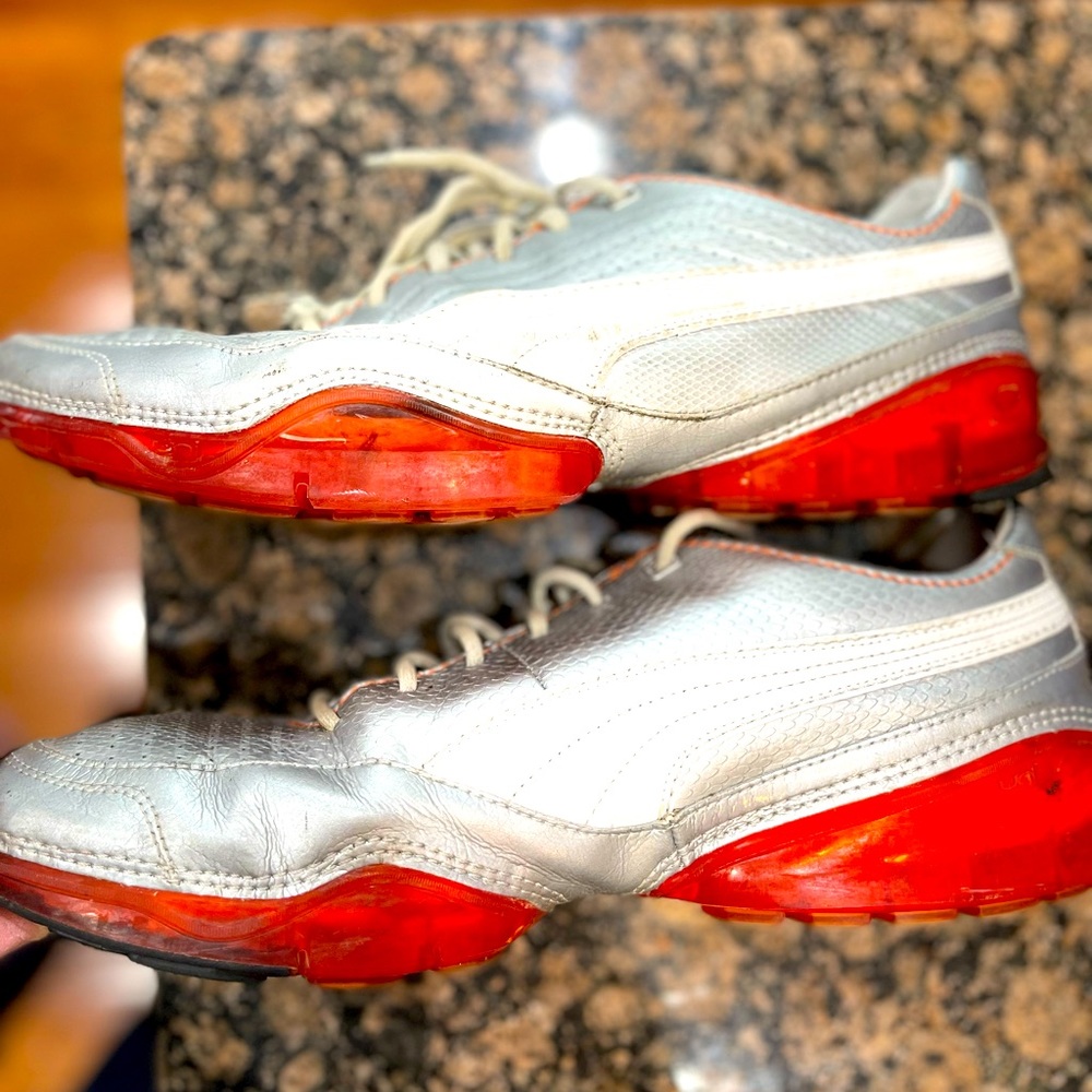 Adidas silver leather shoes with white stripe